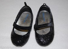 Toddler Girls Dress Shoes BLACK Mary Jane Flats GLITTER Elastic Strap 2