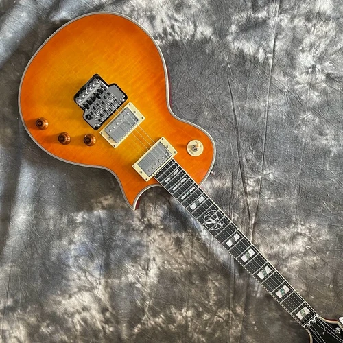 Yellow Flamed Maple Top LP Electric Guitar Back Red FR Bridge HPL Fretboard