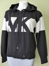 MICHAEL KORS size S Cotton Blend MK Intarsia Logo Knit Drawstring Hooded Sweater
