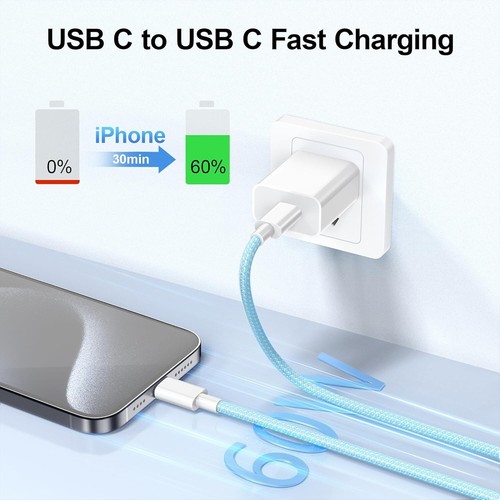Durcord 60W 3Pack 10ft USB C to C Cable, Fast Charging & 10ft, Blue - Picture 3 of 7