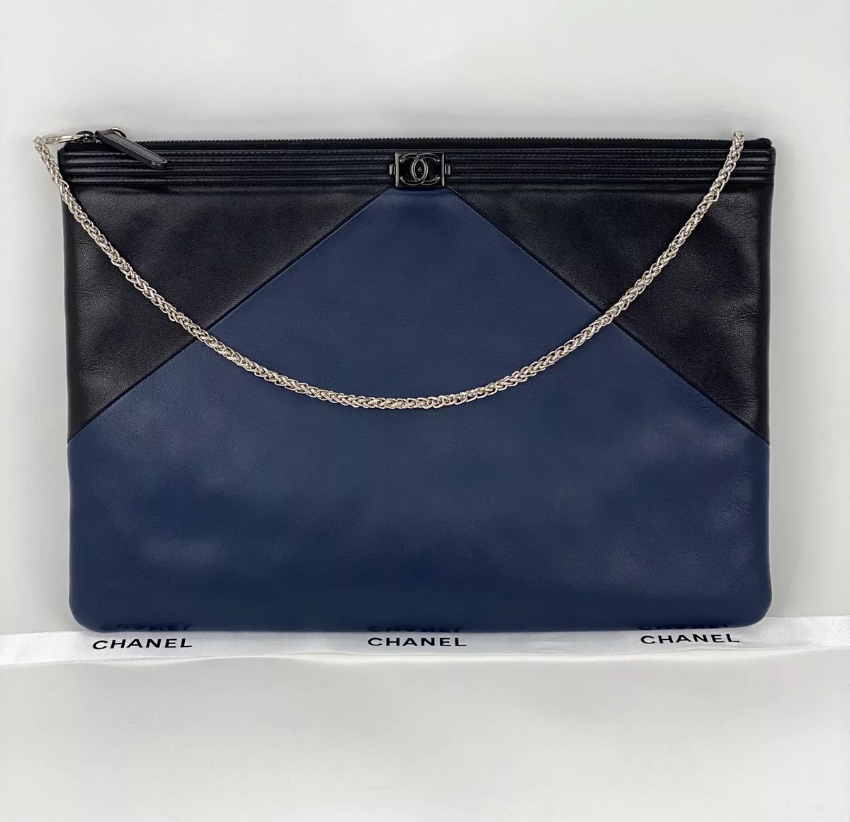 Chanel Bag Quilted Lambskin Leather Blue Large Boy Zip Pouch Added Chain  B374