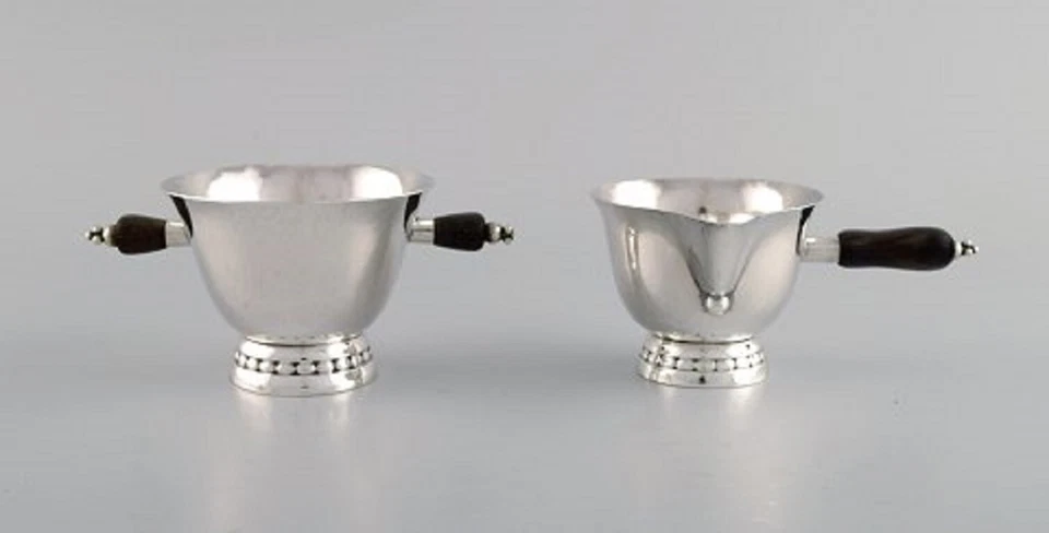 Ранний набор сахара/крема Georg Jensen из стерлингового серебра с ручками из черного дерева. - Изображение 2 из 4