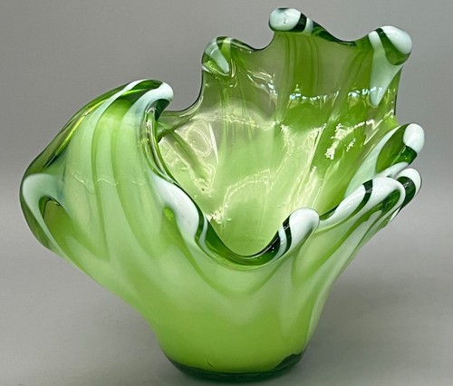 Vintage Stretched Hand Blown Art Glass WAVE Bowl Green & White Swirl 12" - Picture 14 of 18