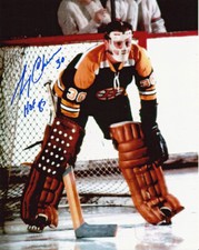 GERRY CHEEVERS AUTOGRAPHED BRUINS 8X10 PHOTO W/HOF 85 EARLY MASK NO STITCHES