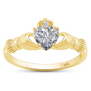 Authentic Heart Claddagh Ring Simulated Diamond 14k Yellow Gold Plated 925 Sterling Silver
