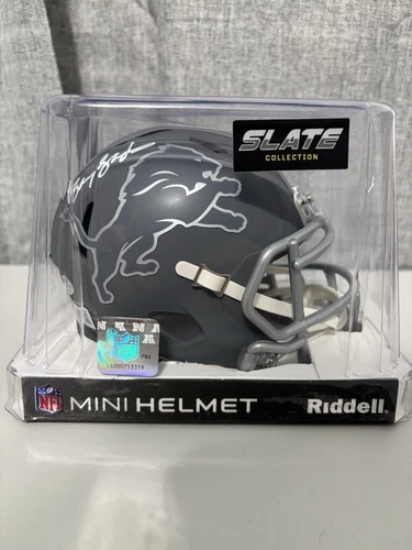 BARRY SANDERS SIGNED DETROIT LIONS SLATE SPEED MINI HELMET BECKETT QR