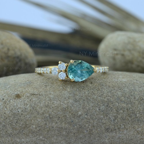 Halo Pear Green Tourmaline SI Clarity G-H Diamond Solid 18K Yellow Gold Ring - Picture 12 of 22