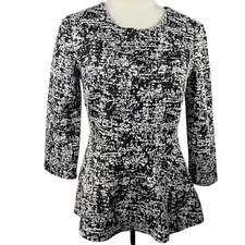 H by HALSTON Knit Pullover Peplum Top Women S Side Zip 3/4 Sleeve Black & White