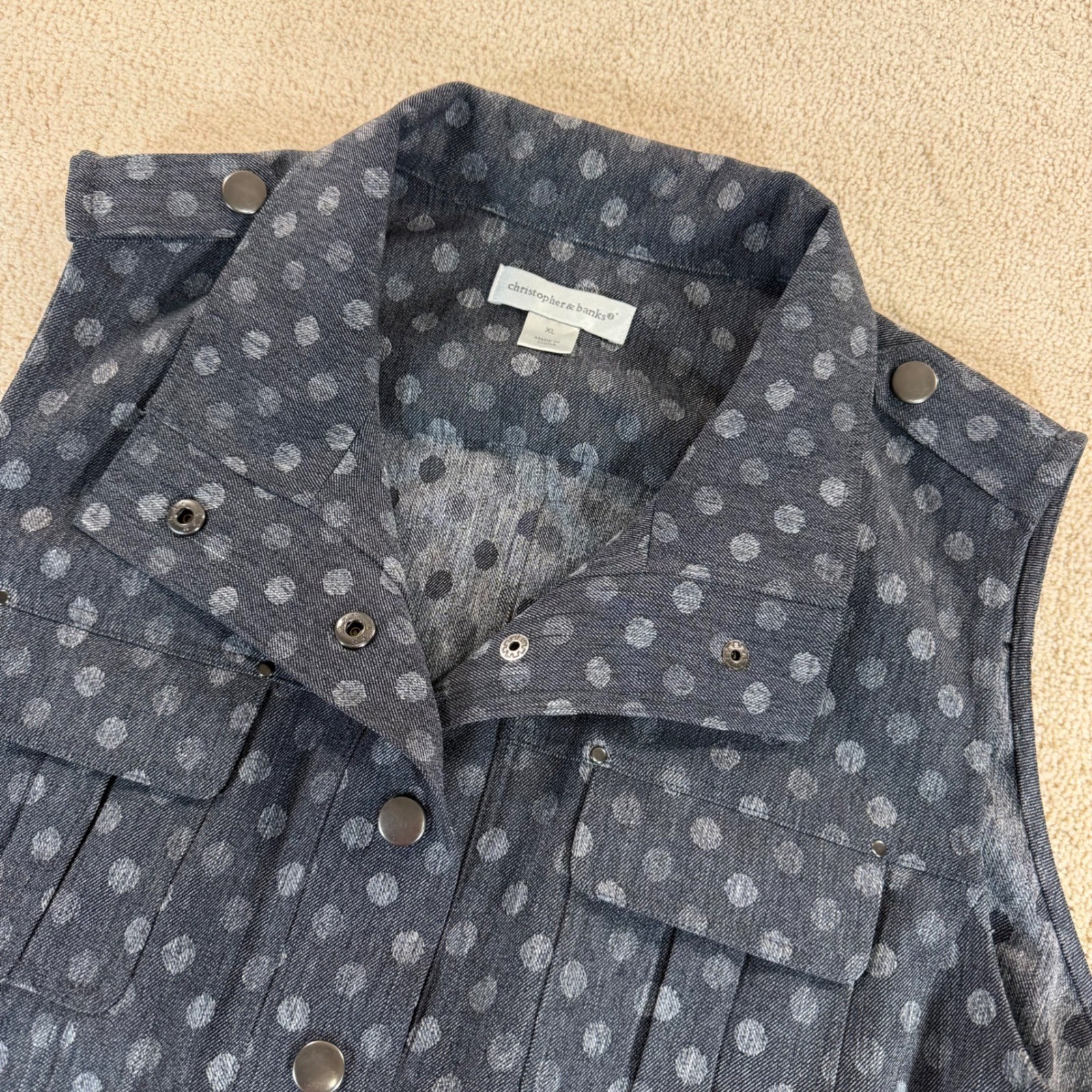 Christopher & Banks Womens XL Gray Polka Dot Utility Vest Snap Front Pockets
