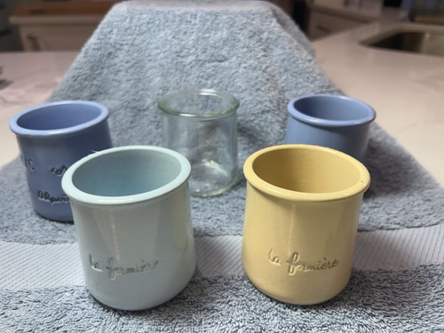 La Fermiere Terracotta 3” Yogurt Jars Lot Of 5 Limited Ed + New Yellow & Lt Blue