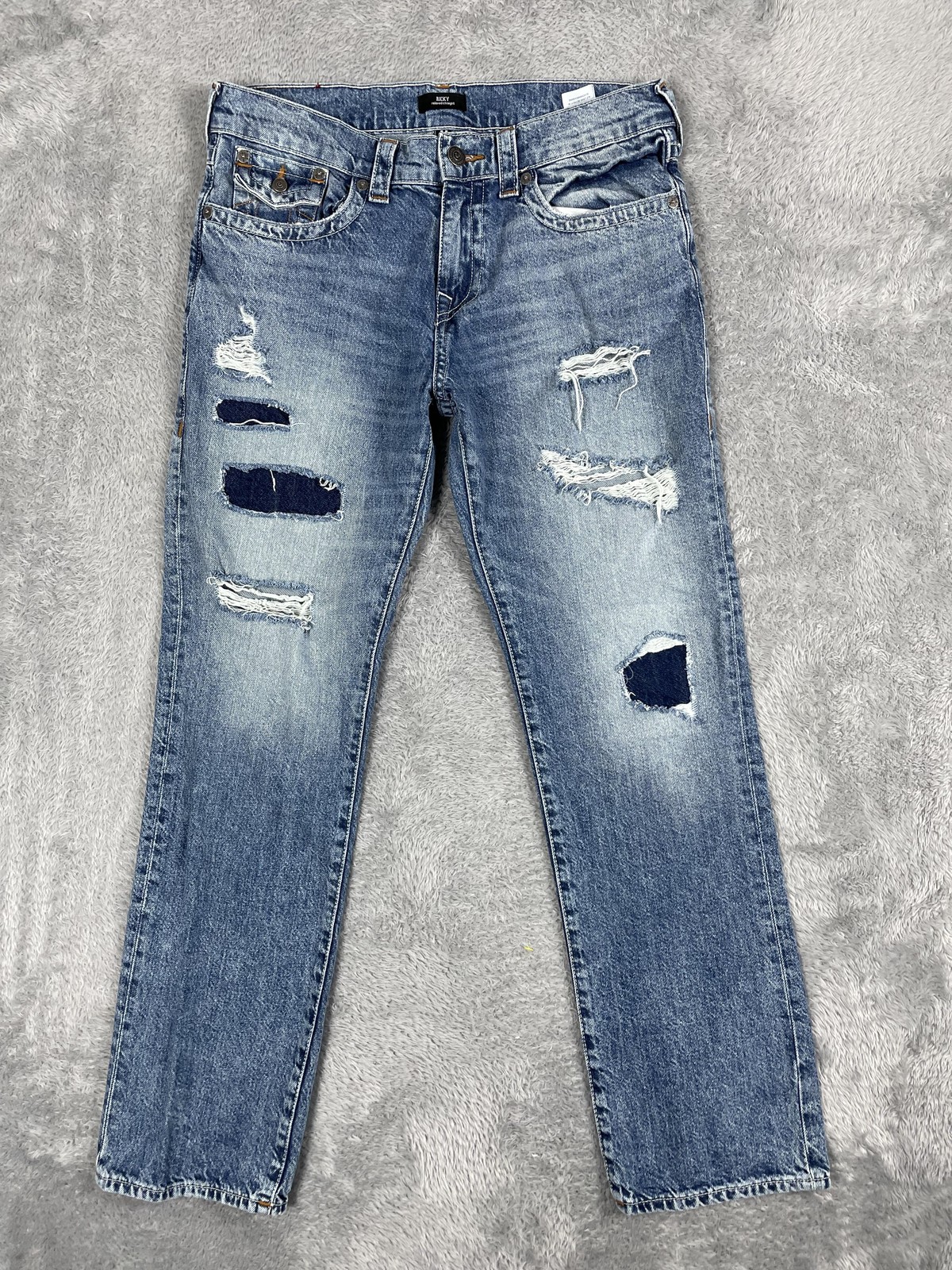 True Religion Ricky Relaxed Straight Jeans Mens 34* Blue Distressed Ripped Denim