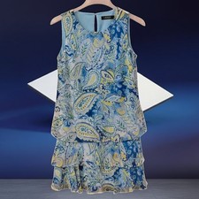Lauren Ralph Lauren Size 6 Blue Paisley Georgette Shift Dress Ruffled Layers