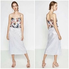 Zara Trafaluc Tropical Floral Silver Metallic Pleated Midi Dress Medium Summer