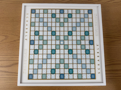 WS Game Company Scrabble Bianco Edition with Rotating Wooden Game Board OPEN BOX