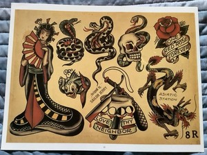Vintage Sailor Jerry Tattoo Flash Sheet 14 1/2 By 11