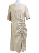 ASOS Linen Blend Midi Dress Size 14 Beige Ruched Side Tie Short Sleeve