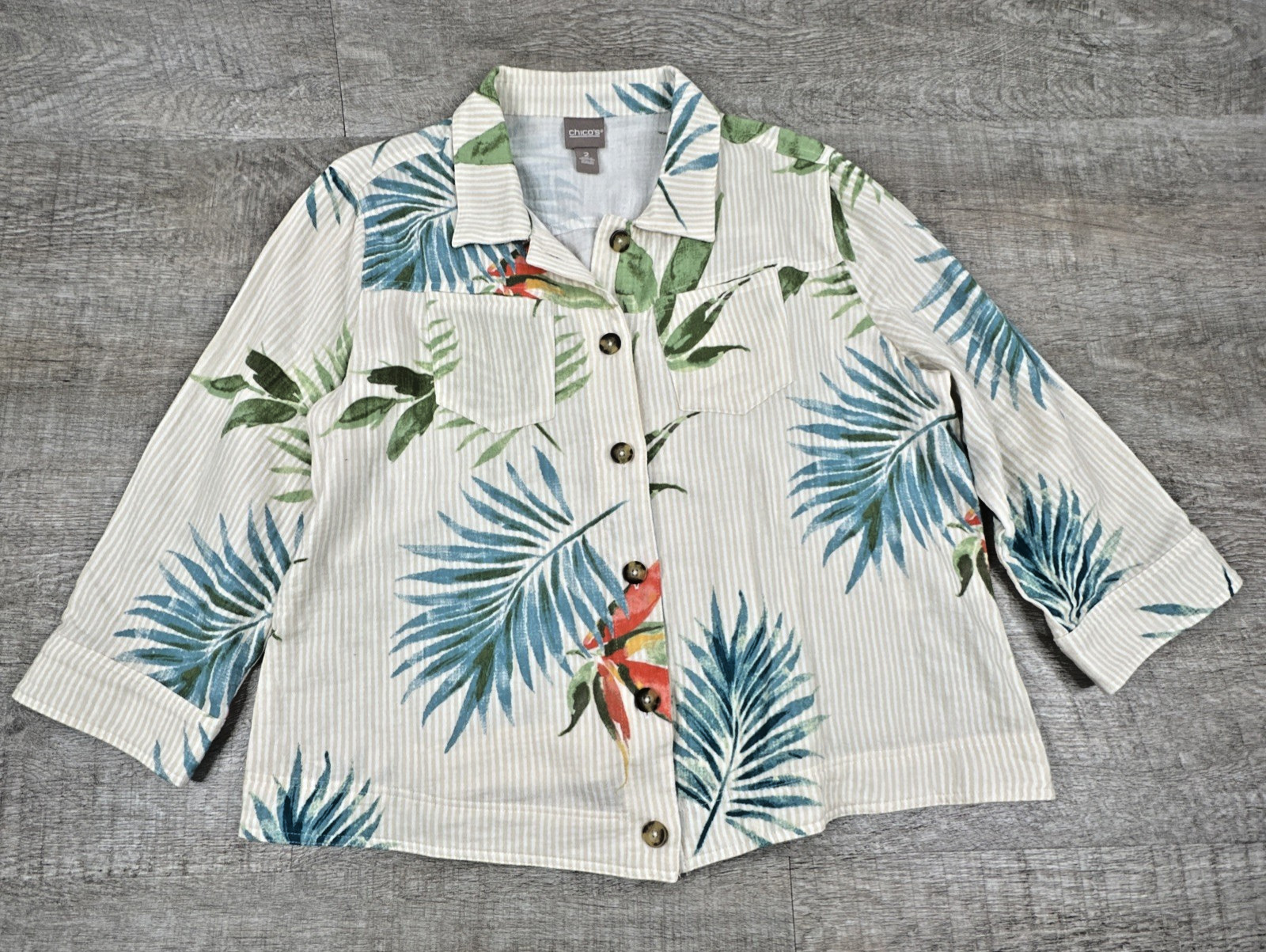 Chico's Women's Size 2 US L 12 Button Up Blouse Top Floral Palm Tropical Parrot
