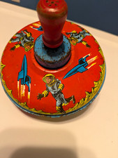 Vintage Tin Spinning Top Toy w/ Pull String Handle Space Rocket Astronaut Metal