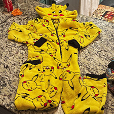 Pok mon Pikachu Yellow Fleece Hooded Zip One-Piece Pajamas Unisex Kids 8/10