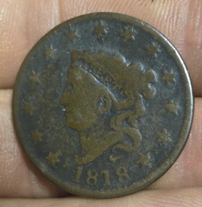 1818 Coronet Head Large Cent Coin Latge Date Large Letters Large stars 