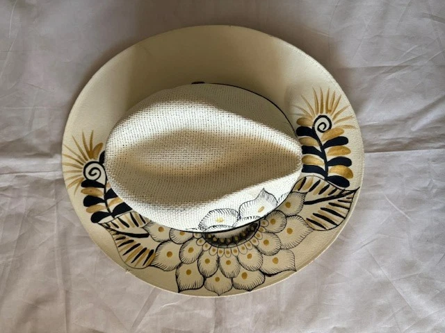 墨西哥手工手绘 Fedora 帽子黑色金色花朵女式 L 码 — 第 3/4 张图片