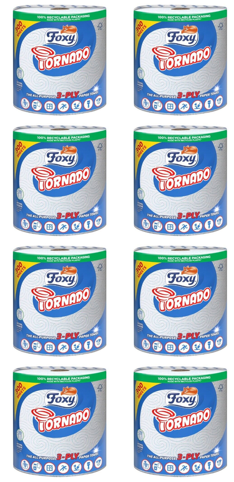 8x Foxy All-Purpose Tornado 3 Ply Household Kitchen Roll Paper Towel 300 Sheets