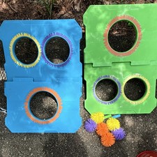Cornhole-Style Toss Game Set, Blue  Green Boards, 6 Bags, Spiky Balls