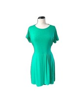 Chaps Sz M Kelly Green Short Sleeve Midi A-Line Dress Modest Career Trad Wife