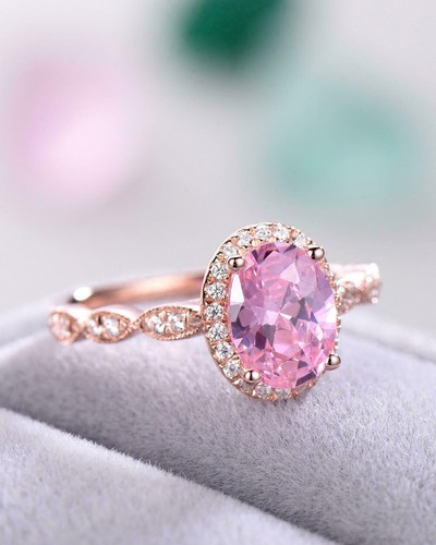 2 Ct Oval Cut Simulated Pink Sapphire Women's Engagement Ring 14k Rose Gold Over - Picture 3 of 8