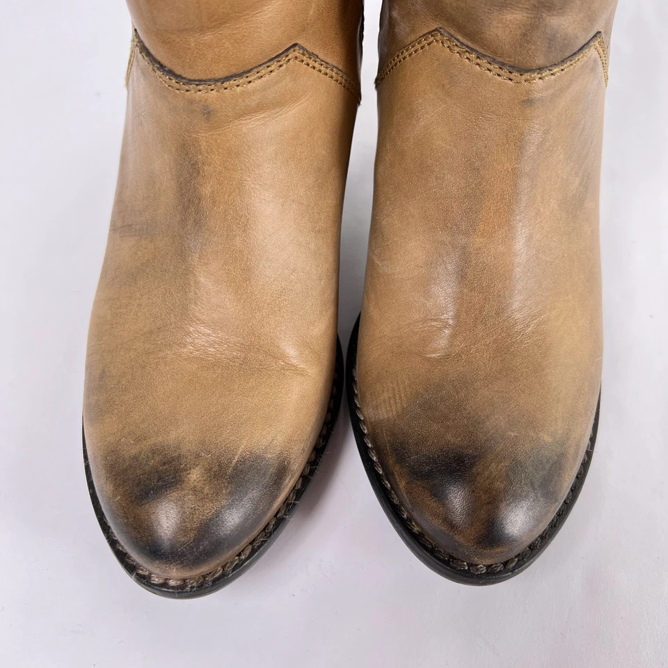 Janet & Janet Tan Brown Leather Distressed Boho Western Block Heel Boots Size 35 - Image 4 of 4