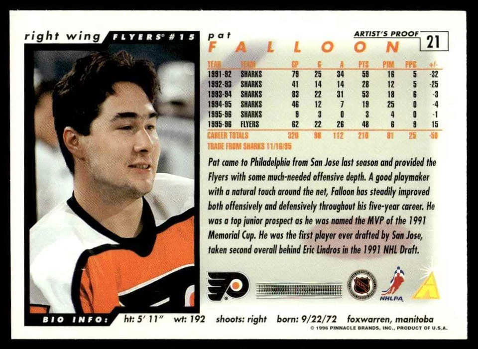 1996-97 SCORE ARTISTS PROOF Pat Falloon Philadelphia Flyers #21 - Image 2 of 2