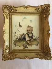 Baby Smiling with Sparow Mozarts Lullaby Picture Music Box Plastic Frame - Gold
