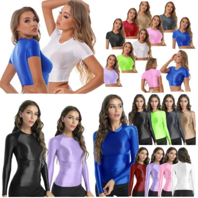 AGOKY DE Damen Öl Glanz Shirt Slim Fit Stretch T-Shirt Unterhemd Yoga Sports Crop Tops