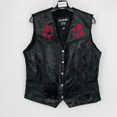 Live Ride Rock Women's Black Buffalo Leather Motorcycle Rose Vest Size X-Large