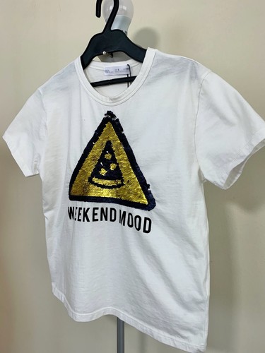 NEW ZARA KIDS WHITE SEQUINNED T-SHIRT" WEEKEND MOOD" 8YRS 128 CM #C723 5350 800 - Picture 4 of 5