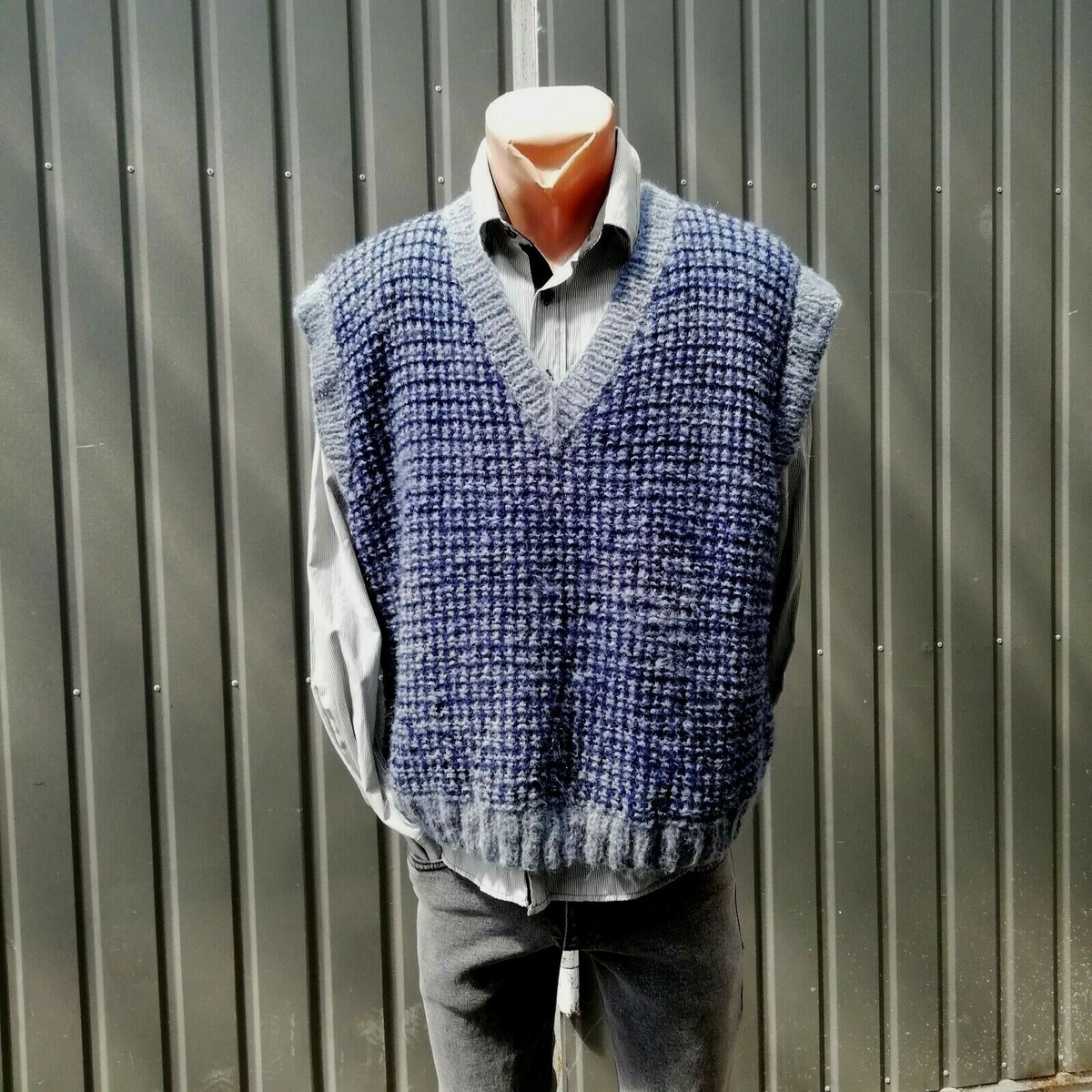 Vest Men's Hand Knitted Gray Dark Blue Striped Sweater