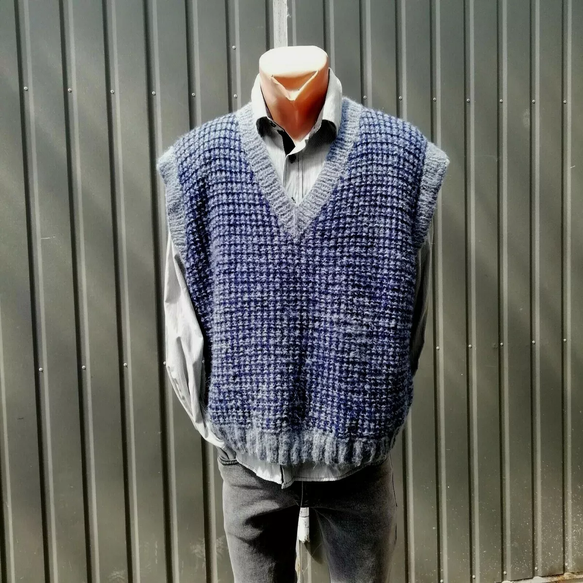 Vest Men's Hand Knitted Gray Dark Blue Striped Sweater Mohair Waistcoat Camisole