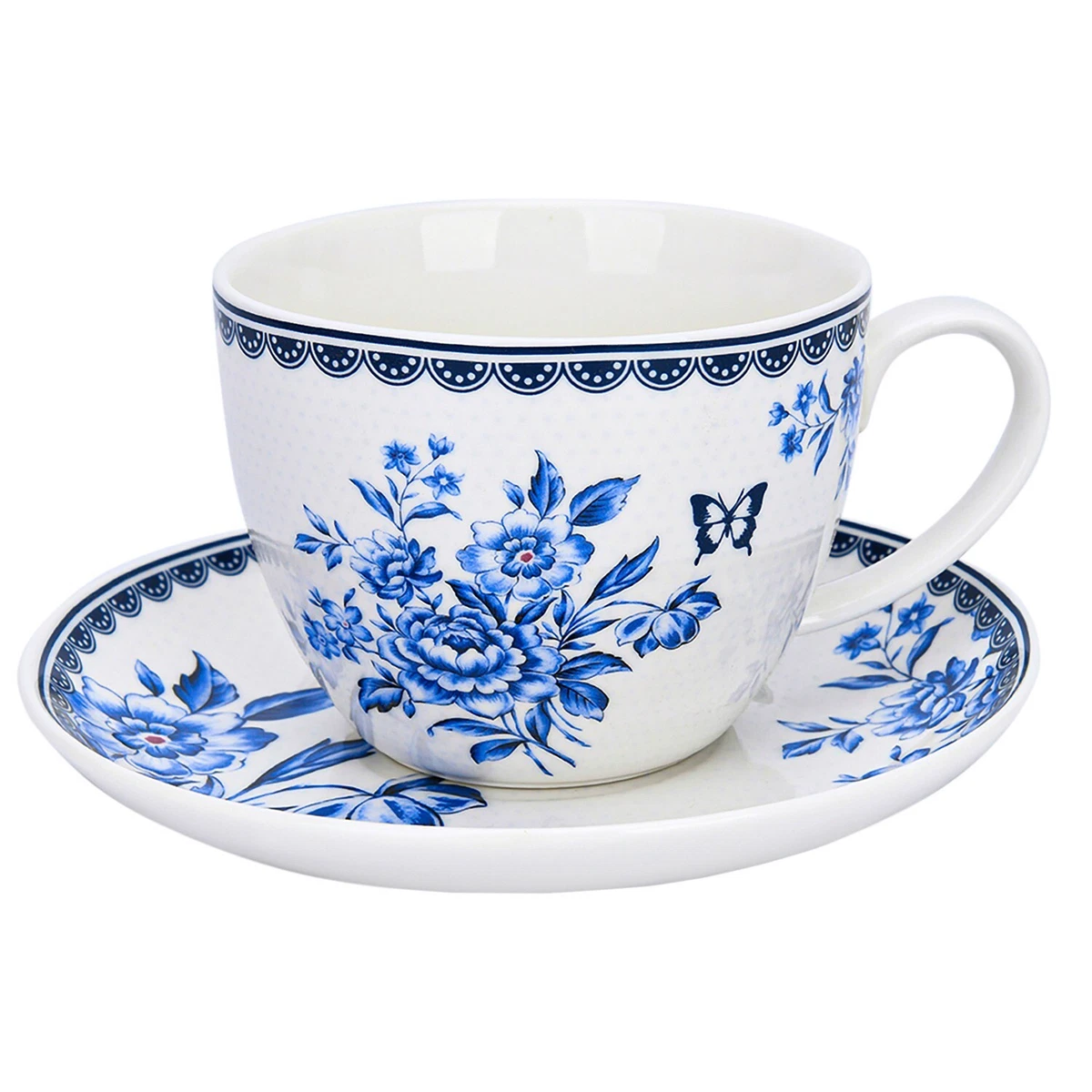 Blue on White Porcelain Teacup and Saucer Set Bone China Jumbo Tea Cup 15  fl oz