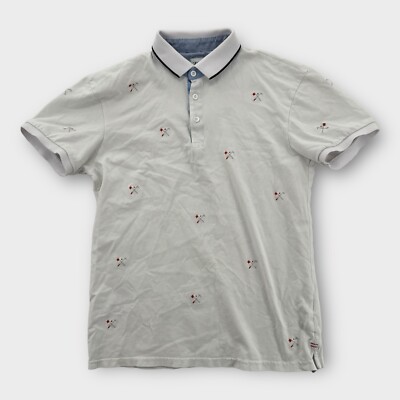 Zara Polo Shirt Mens Small White Embroidered All Over Sports Print Slim Fit