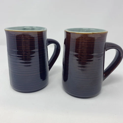 2 Vtg 1950s Red Wing Pottery Village Green Brown Glaze Coffee Mugs 5" CHIP? READ
