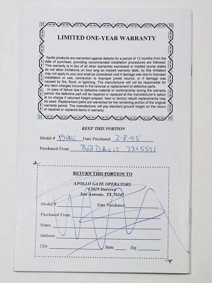 APOLLO 1500E con abridor de operador de puerta oscilante solar 1600 Addendum MANUAL SOLO 1994 Foto 4 de 4