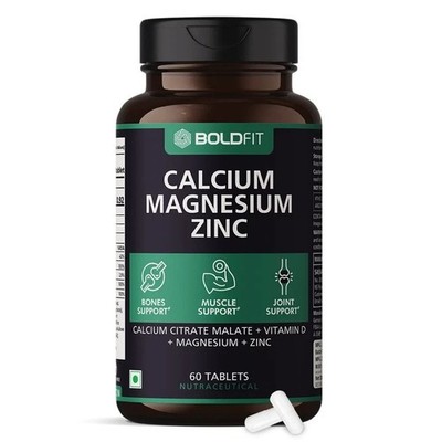 Boldfit Calcium Tablets for Women and Men with Magnesium, Zinc Vit-D 60 Softgels