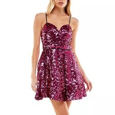 Crystal Doll Juniors' Sweetheart-Neckline Pink Sequin Mesh Dress Size 5