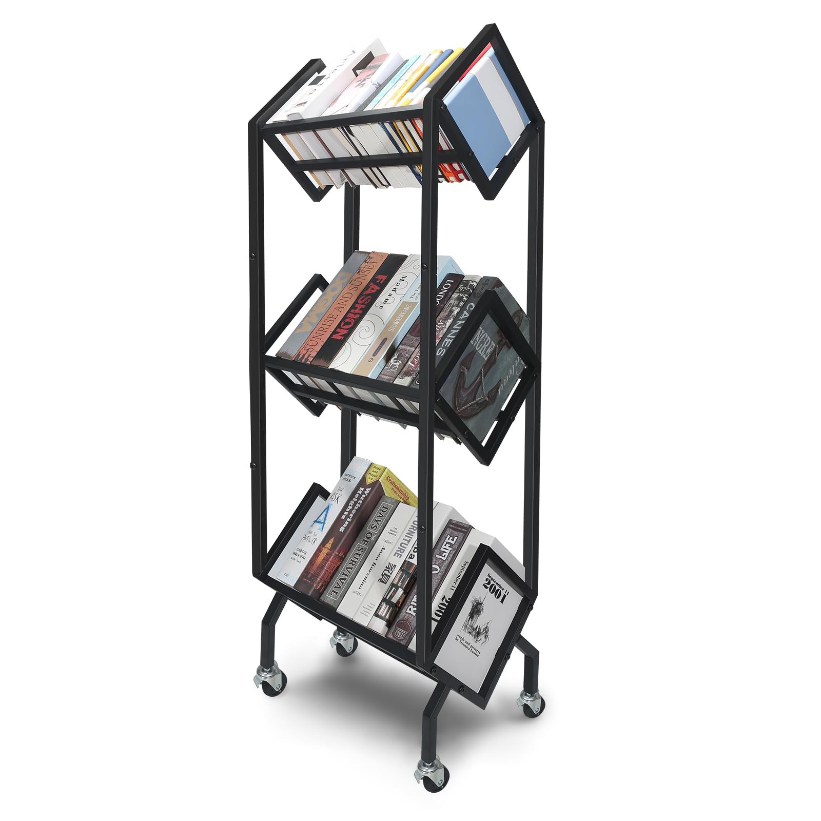 360°Rotation Wheels 3-Tier Metal Book Carts Used for Study Rooms Living