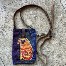 Laurel Burch Handbag Crossbody Purse Embroidered Dog Adjustable Leather Strap