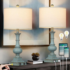 Rustic Farmhouse Table Lamps Set of 2 with USB Ports  Dimmable Shades
