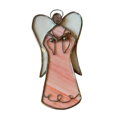 VTG Stained-Glass Angel w/ Halo & Prism Face Pink Slag Glass Sun catcher 8.25 
