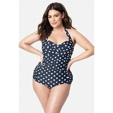 Unique Vintage Navy & White Polka Dot Corinne Halter Sheath Swimsuit 1X NWT