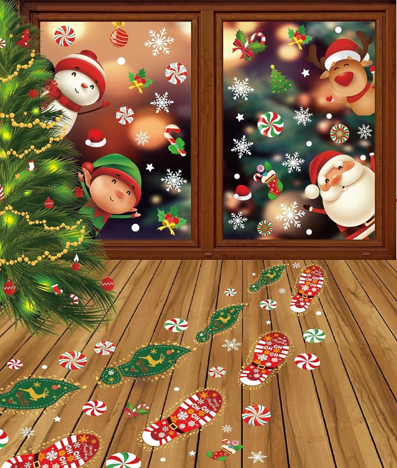 14 Sheets 176Pcs Christmas Window Clings & Peppermint Floor Decals Colorful