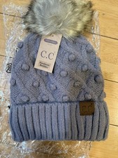 NWT C. C Beanie Fuzzy Fleece Lined Earth Grey Fur Pom Thick Cable Knit Bobbles